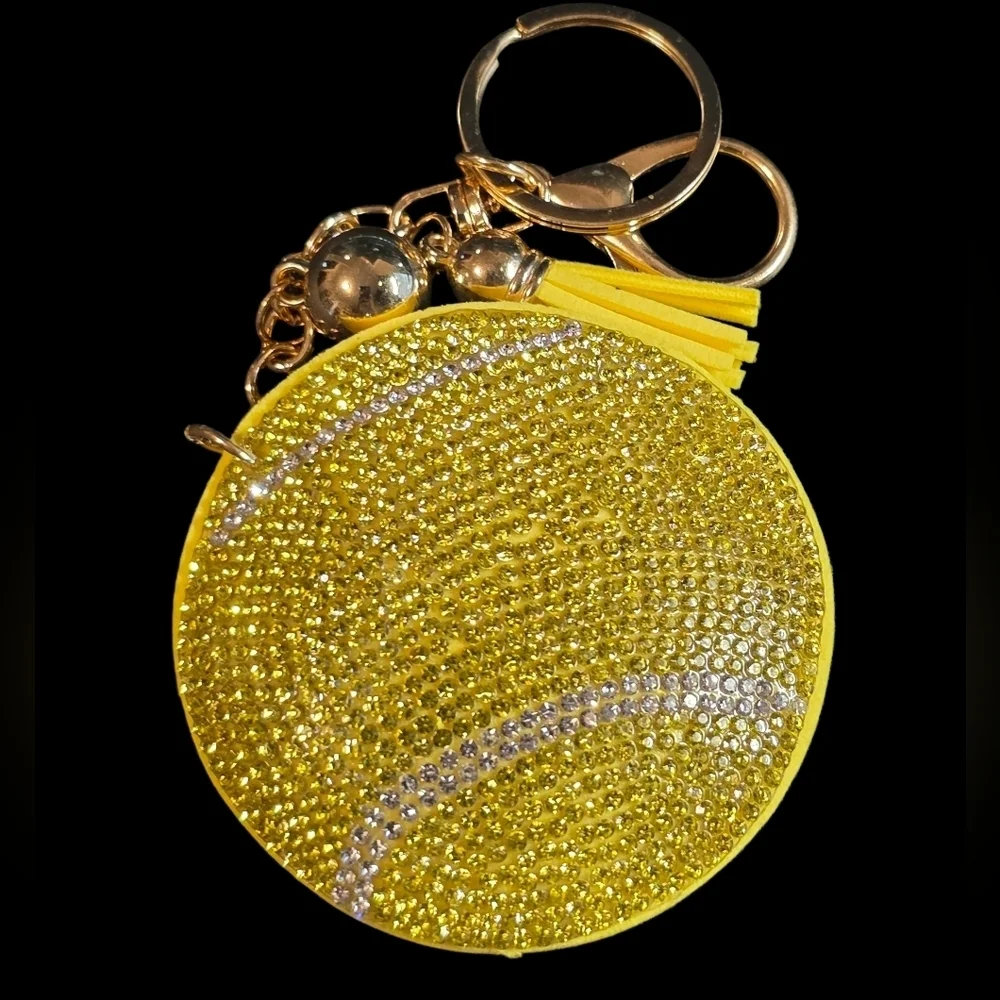 Tennis Ball Rhinestone Bag Charm Keychain with Tassel